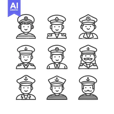 Popular premium asset: Nine sailor portraits in uniform, line art style, vector illustration.