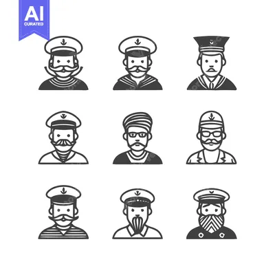 Aset premium populer: Nine sailors in uniform, line art, vector illustration, monochrome.