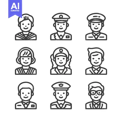 Aset desain premium: Diverse professions and occupations in simple line art style.