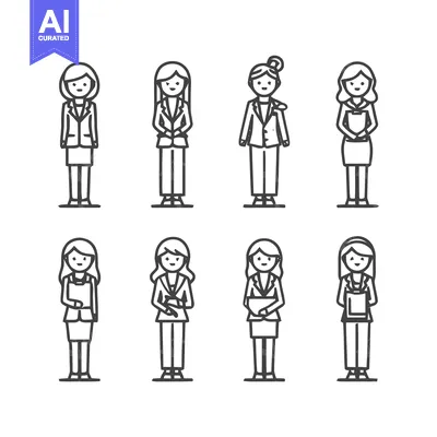 Aset premium populer: Businesswomen in formal attire, standing in a row, line art.