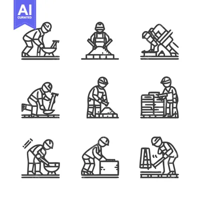 Aset desain premium: Construction Workers in Action - A Detailed Line Art Illustration.