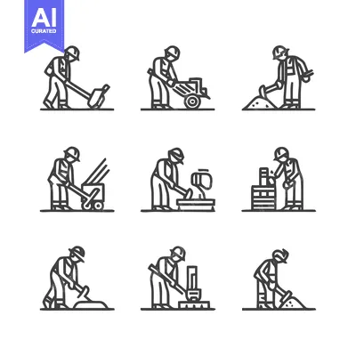 Premium design asset: Construction Workers in Action - A Detailed Line Art Illustration.