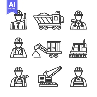 Aset premium populer: Construction workers and heavy machinery icons for building projects.