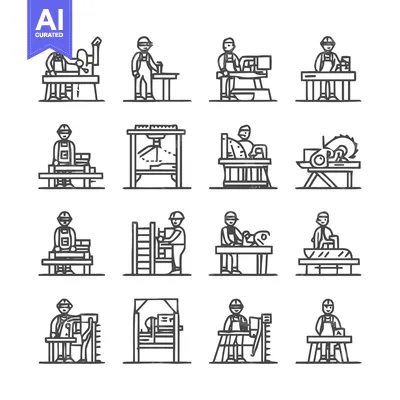 Aset desain premium: Carpentry and Woodworking - A Collection of Iconographic Illustrations