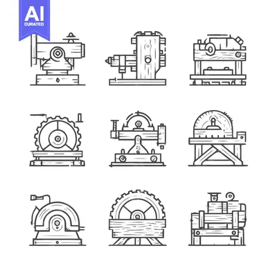 Vintage Industrial Machinery Illustrations - Detailed Line Art.