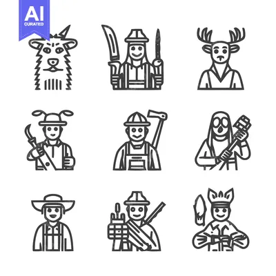 Aset premium populer: Diverse Line Art Illustrations of Various Professions and Animals.
