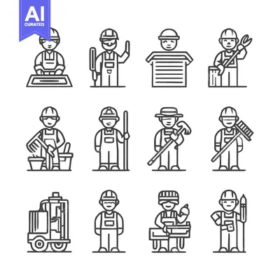 Aset premium populer: Construction Workers - A Collection of Line Art Illustrations.