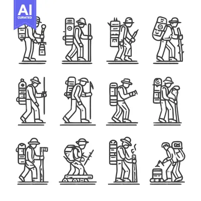 Aset premium populer: Hiking Adventure - A Collection of Outdoor Exploration Icons.