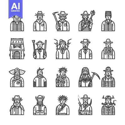Aset desain premium: Line art illustrations of various people with hats and tools.