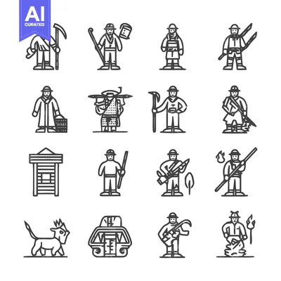 Aset desain premium: Collection of Line Art Illustrations Depicting Various Professions.