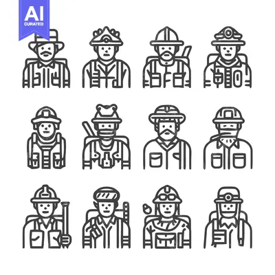 Aset premium populer: Line Art Illustrations of Various Professions and Occupations.