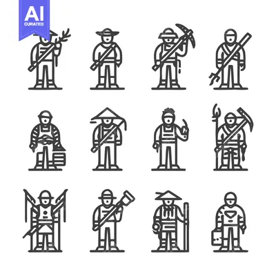 Aset desain premium: Line art illustrations of various workers with tools and equipment.