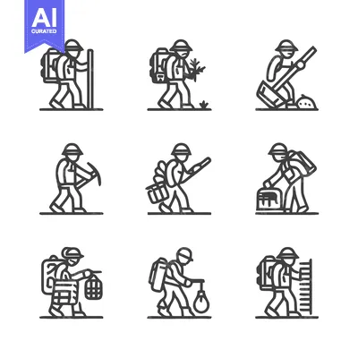 Aset premium populer: Hiking and Outdoor Activities - A Collection of Line Art Icons.
