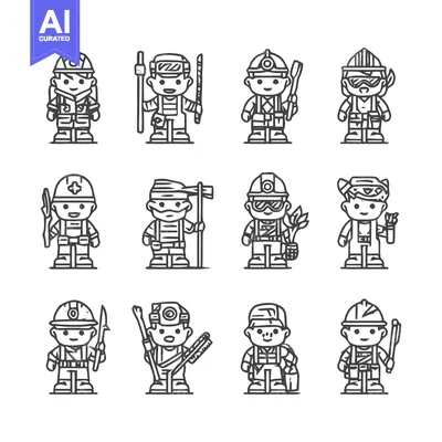 Aset premium populer: Line Art Illustrations of Various Construction Workers in Different Po