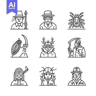 Aset premium populer: Line art illustrations of people and insects in hats and masks.