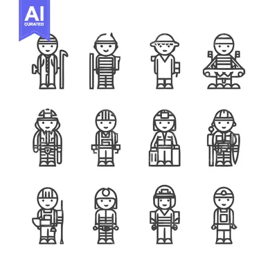 Aset desain premium: Diverse Line Art Illustrations of Various Professions and Occupations.