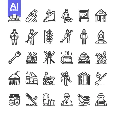 Aset desain premium: Collection of Line Art Icons Depicting Various Professions and Activit