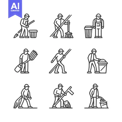 Popular premium asset: Collection of Line Art Illustrations Depicting Janitorial Workers Clea