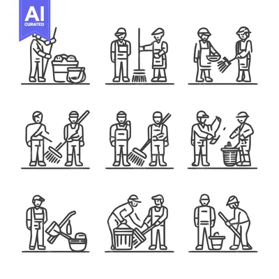 Aset desain premium: Cleaning Crew - A Collection of Line Art Illustrations Depicting Sanit