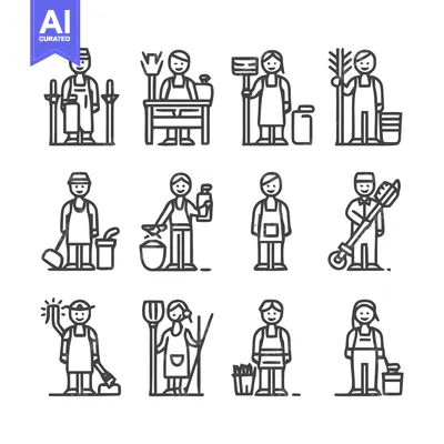 Aset desain premium: Cleaning Crew Icons - Diverse Line Art Illustrations.