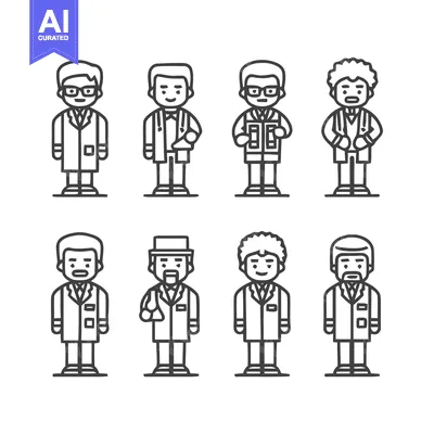 Premium design asset: Line Art Doctors - Diverse Medical Professionals in Uniform.