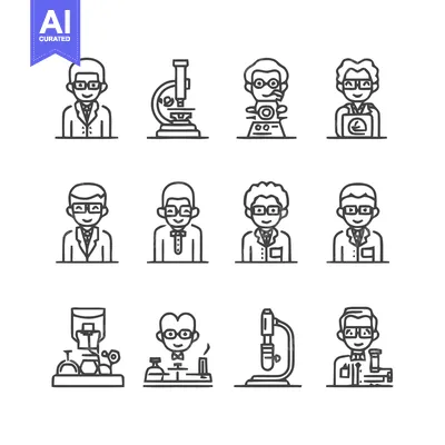 Aset desain premium: Science and Research Icons - A Collection of Scientists and Lab Equipm