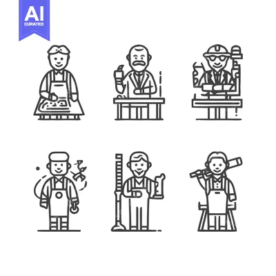 Aset desain premium: Diverse Professions - A Collection of Line Art Illustrations.