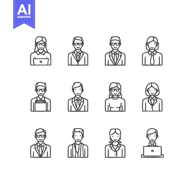 Aset desain premium: Diverse Business Professionals - A Collection of Line Art Icons.