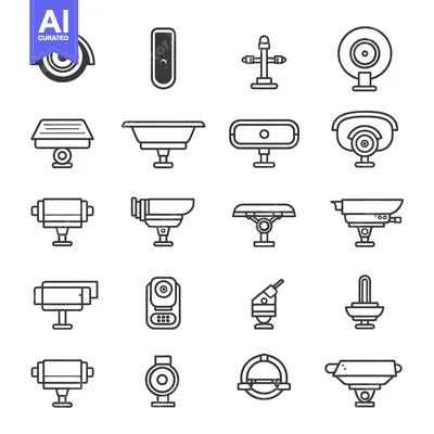 Aset premium populer: Collection of Security Camera Icons in Line Art Style