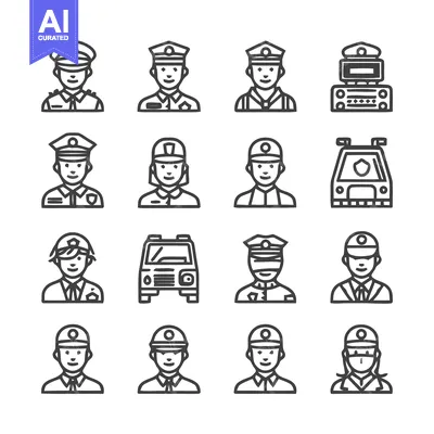 Aset desain premium: Police Officer Icons - Diverse Uniforms and Professions.