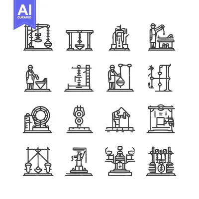 Aset premium populer: Vintage Industrial Equipment and Machinery Icons Set.
