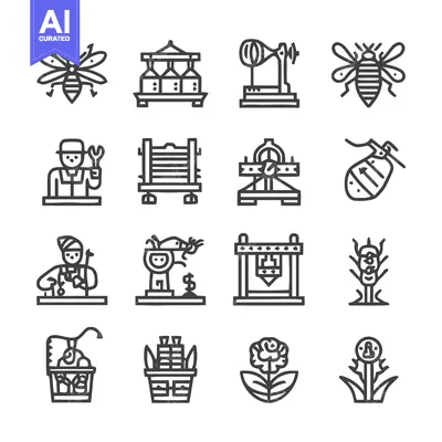 Aset premium populer: Collection of Bee-related Icons - Honey, Flowers, and Beekeeping.