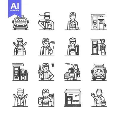 Collection of Line Art Icons Depicting Various Professions and Service