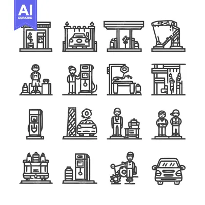 Aset desain premium: Gas station and car service icons set in line art style.