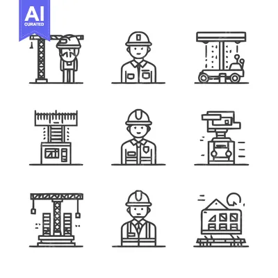 Premium design asset: Construction Workers and Equipment - A Detailed Line Art Set.