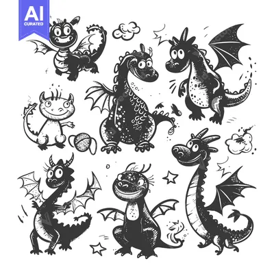Aset premium populer: Collection of Seven Friendly Cartoon Dragons with Big Eyes