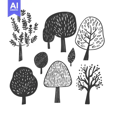 Aset premium populer: Collection of Seven Hand-Drawn Black and White Trees