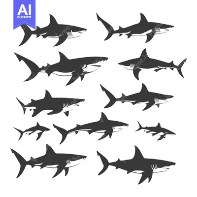 Collection of Shark Silhouettes in Various Sizes and Poses