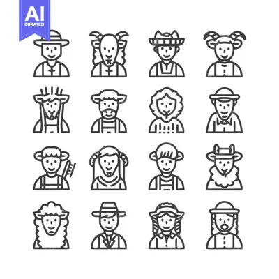 Aset premium populer: Farm Animal and Farmer Icon Set - Line Art Style.