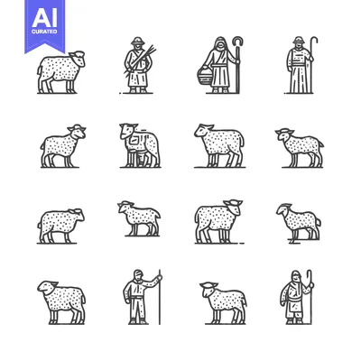 Line art sheep and shepherds collection, religious and pastoral theme.
