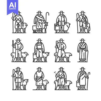 Shepherds with Sheep - A Collection of Line Art Illustrations.