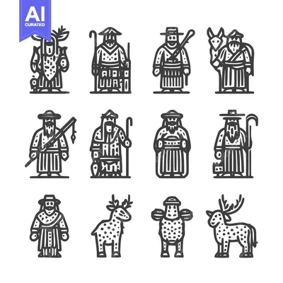 Aset premium populer: Line art illustrations of various people and animals.