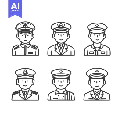 Aset desain premium: Six Military Personnel Portraits in Uniforms - Line Art Illustrations.