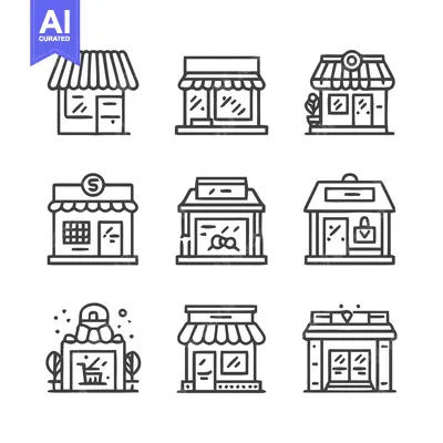 Aset premium populer: Collection of various shopfronts and store icons in outline style.