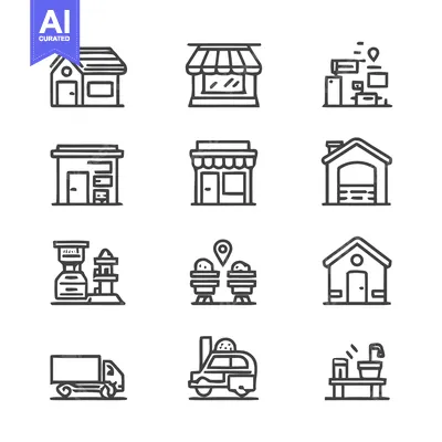 Aset premium populer: Collection of Minimalist Building Icons for Various Design Projects.