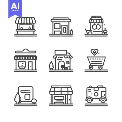 Aset desain premium: Collection of Minimalist Shopfront Icons for Various Businesses.