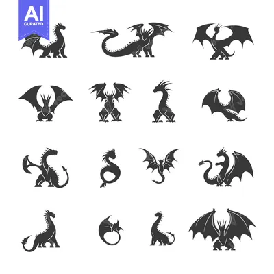 Aset desain premium: Collection of Silhouette Dragon Designs