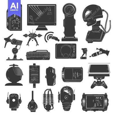 Aset desain premium: Collection of Silhouette Icons Depicting Futuristic Devices and Robots