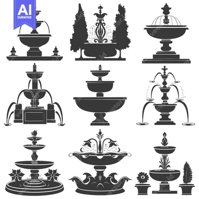 Aset desain premium: Collection of Silhouette Illustrations of Ornate Fountains