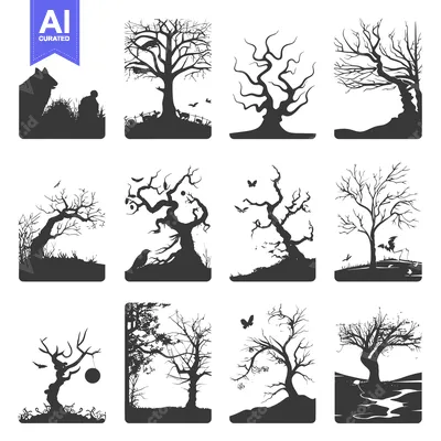 Aset premium populer: Collection of Silhouette Images of Bare Trees with Animals and Butterf